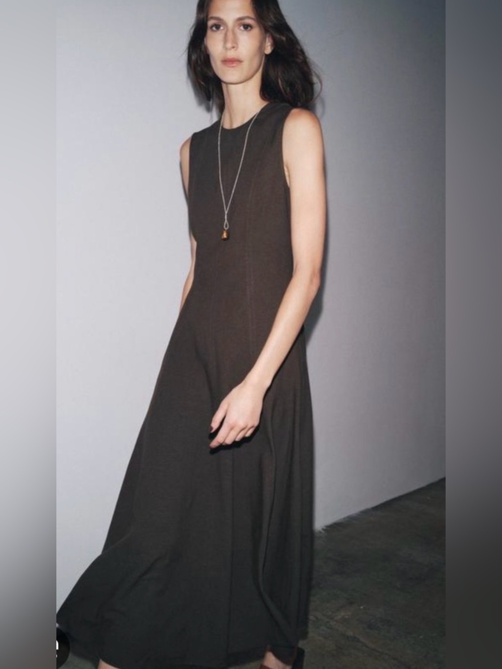Zara Linen Midi Dress Sleeveless Flare Hem Round Neckline Brown Medium